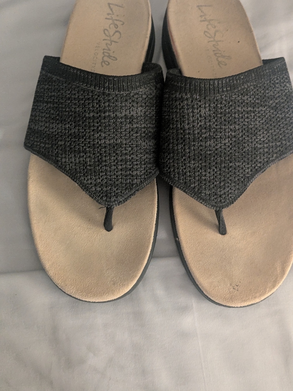 Life stride Black Knit Toe-Post Sandals for Women